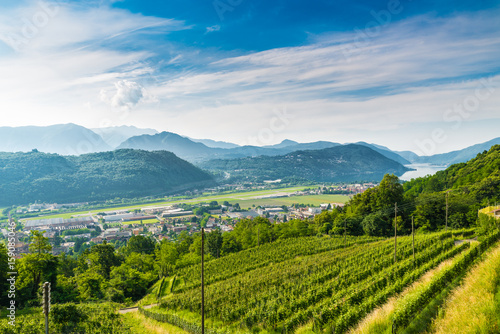 Agno, Switzerland. View of Agno, Lake Lugano, Lugano Airport, vineyards on the hills surrounding, on a beautiful summer day. Agno is a municipality in the district of Lugano in the canton of Ticino photo