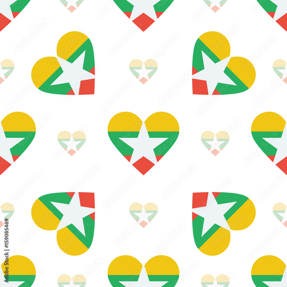 Myanmar flag heart seamless pattern. Patriotic Myanmar flag background. Country flag in the shape of heart. Vector seamless pattern. Myanmar flag heart seamless pattern. Patriotic Myanmar flag background. Country flag in the shape of heart. Vector seamless pattern.