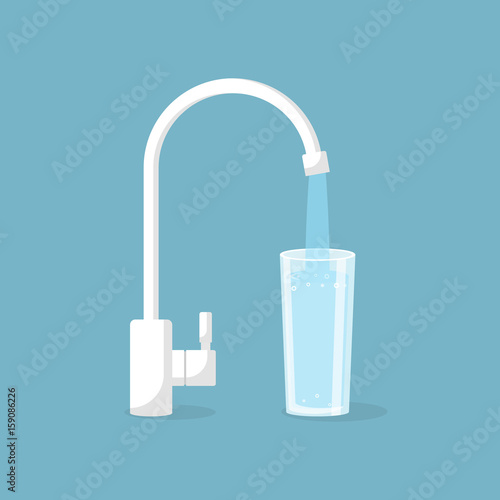 Water tap with glass. Kitchen faucet. Glass of clean water. Vector illustration flat design. Isolated on background. Filling cup beverage. Pouring fresh drink.