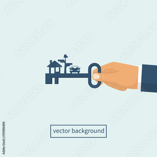 Key home in hand man. Vector illustration flat design. Template for sale, rent home, advertising. Key new life, silhouette. Sign in house.