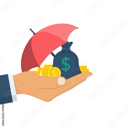 Protection money concept. Bag of coins under an umbrella hold in hand. Secure investment, insurance. Vector illustration flat design style. Shield to protect savings. Finance safety.