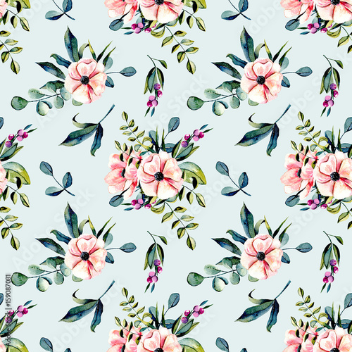 Seamless floral pattern with watercolor pink flowers and eucalyptus branches bouquets, hand drawn on a blue background