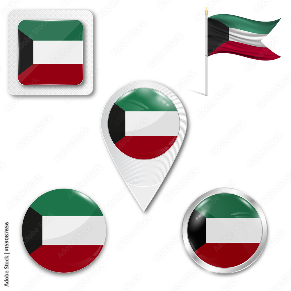 Set of icons of the national flag of Kuwait in different designs on a white background. Realistic vector illustration. Button, pointer and checkbox. Set of icons of the national flag of Kuwait in different designs on a white background. Realistic vector illustration. Button, pointer and checkbox.