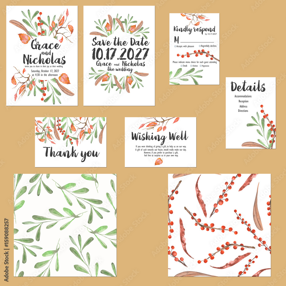 Template cards set with watercolor autumn tree branches; wedding design for invitation, Save the date card, RSVP, Thank you card, Wishing Well card,  for anniversary day