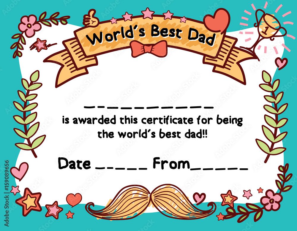 World's Best Dad Award Certificate Template For Father's Day. Hand draw