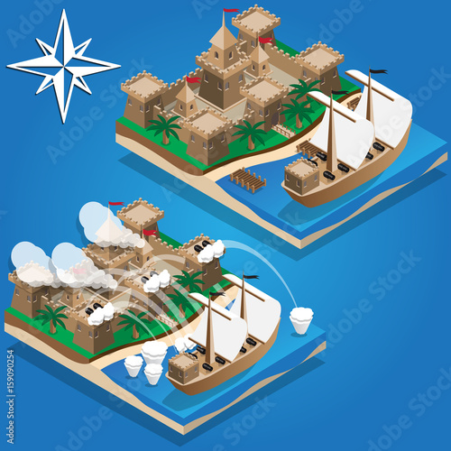 Pirate ship in the harbor. Isometric. Vector illustration.