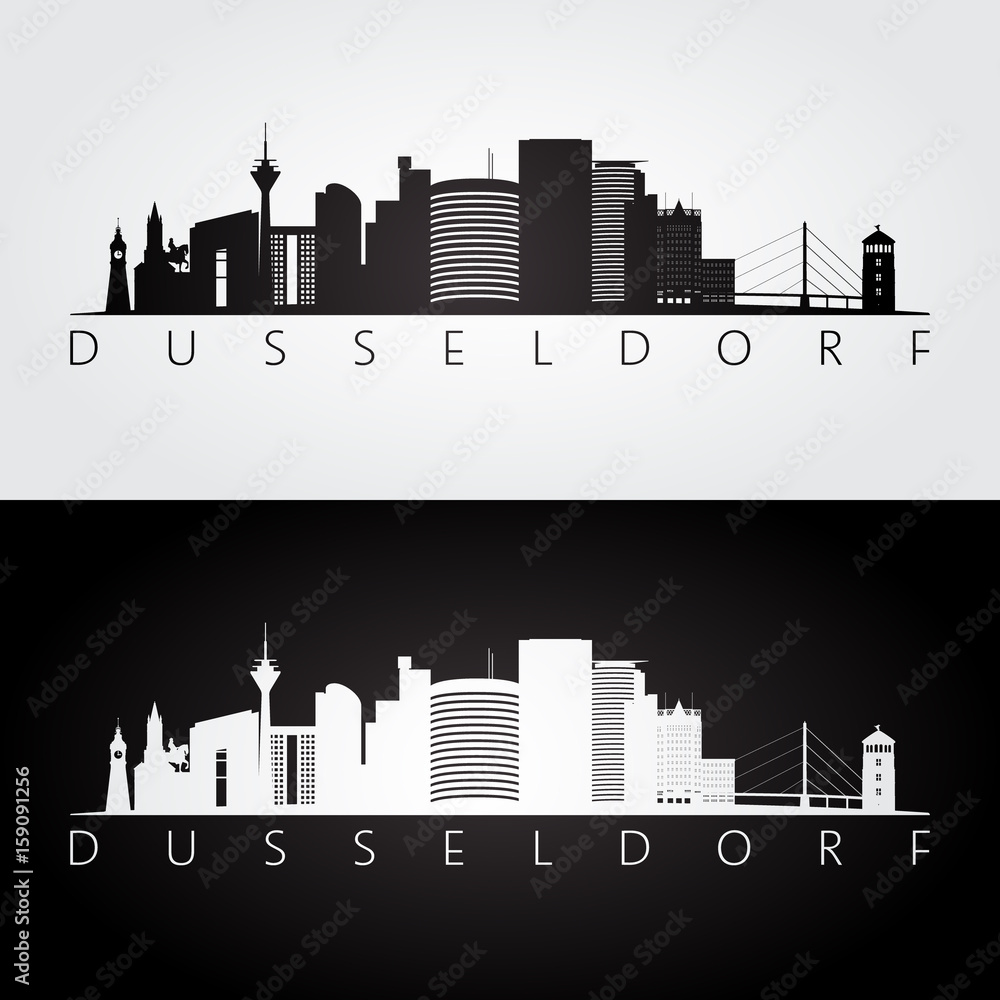 Fototapeta premium Dusseldorf skyline and landmarks silhouette, black and white design, vector illustration.