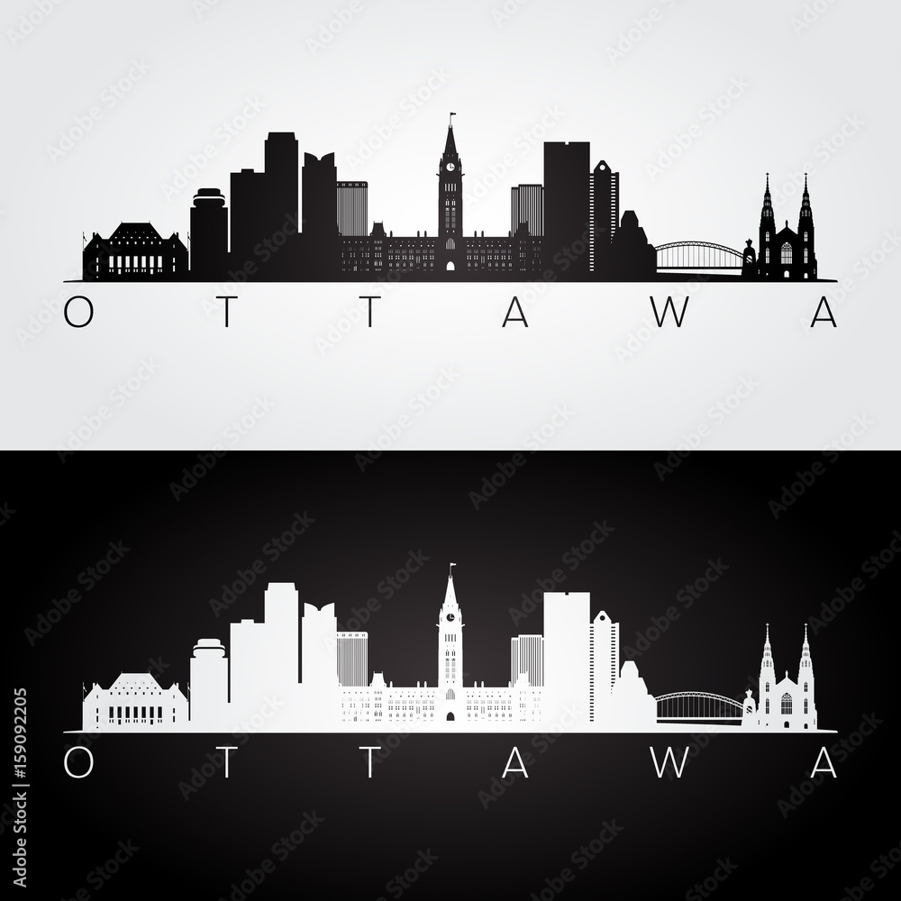 Ottawa skyline and landmarks silhouette, black and white design, vector illustration.
