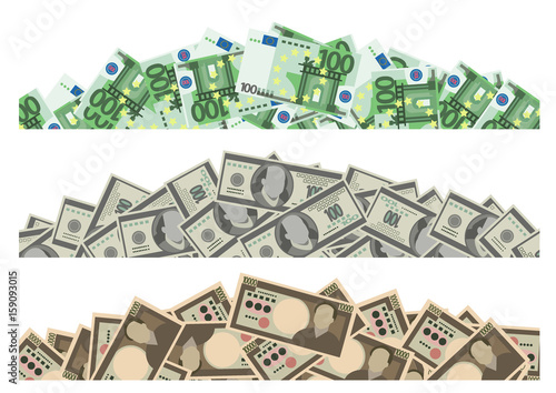 Pile of money decor set (Dollar, euro, Yen)