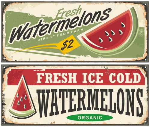 Fresh ice cold watermelons retro advertisement signs