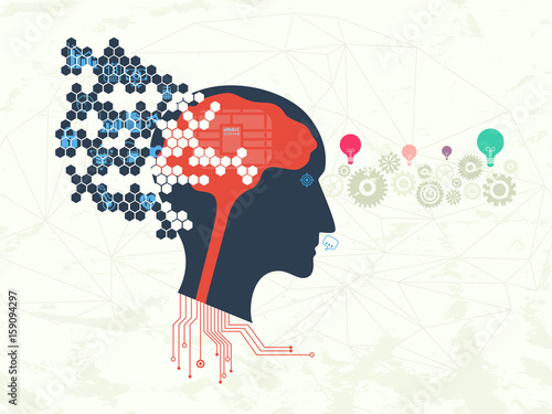 Data technology and machine learning concept. Information data flow into artificial intelligence head with electronics circuit from bottom. Cogs and light bulb on background.