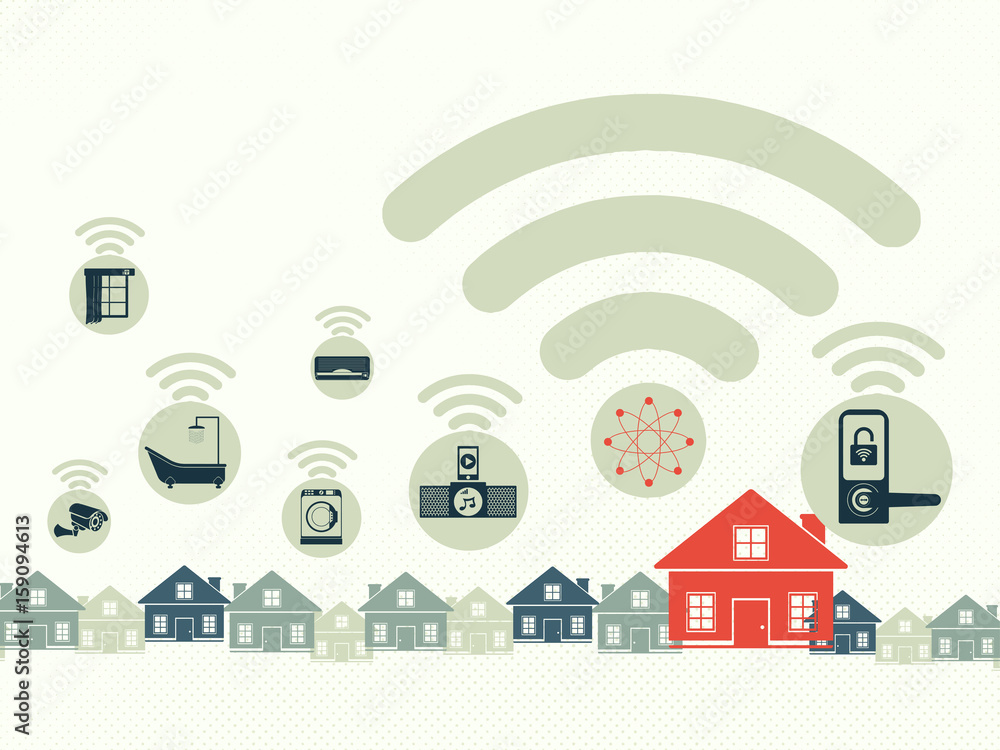 Smart home and Internet of Things concept. Group of houses and smart home appliance technology inside the wifi symbol.