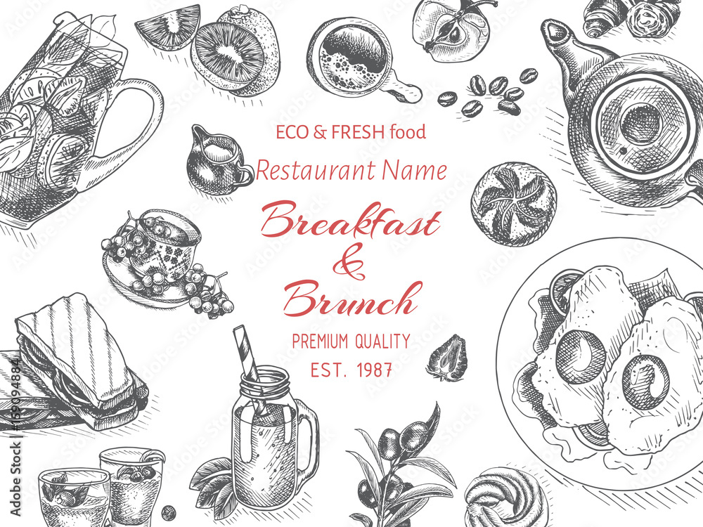 Vector illustration sketch - breakfast. Card Menu brunch. design ...