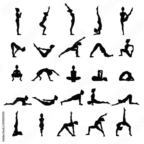 Women silhouettes. Collection of yoga poses. Asana set.