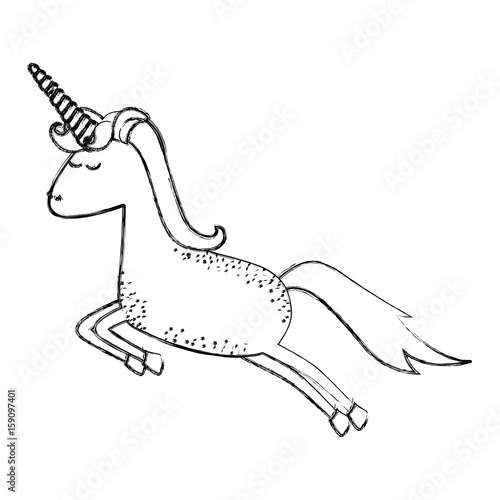 monochrome blurred silhouette of cartoon unicorn with stains and jumping vector illustration