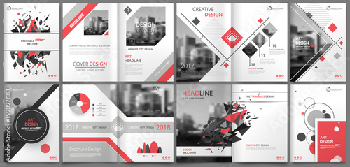 Abstract binder art. White a4 brochure cover design. Info banner frame. Elegant ad flyer text. Title sheet model set. Fancy vector front page. City font blurb. Red line, square, triangle figure icon