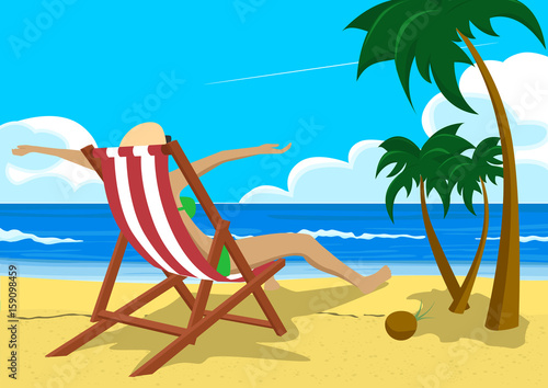Woman with her arms wide open sitting in deck chair on the tropical beach with palm trees looking into the distance