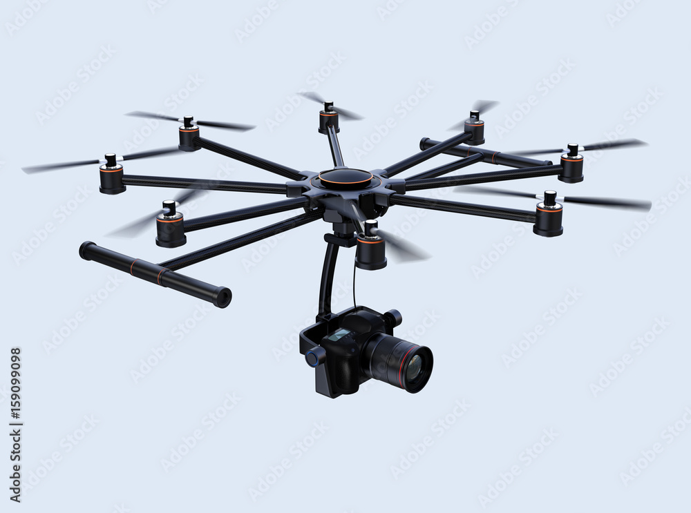 Octocopter flying in the sky. 3D rendering image Octocopter flying in the sky. 3D rendering image