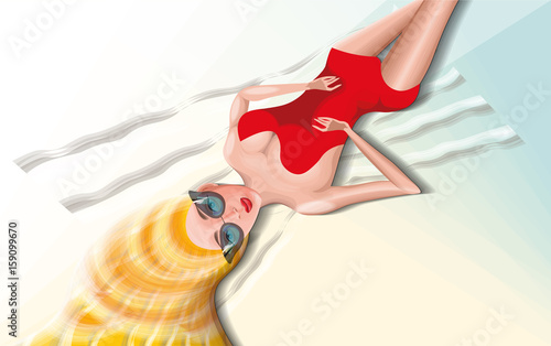 vector illustration with a beautiful blond woman on the beach 