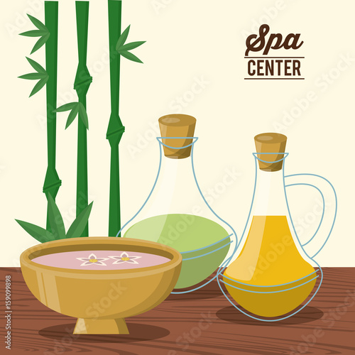 color poster of spa center with bamboo plant and bowl and oil essences bottles vector illustration