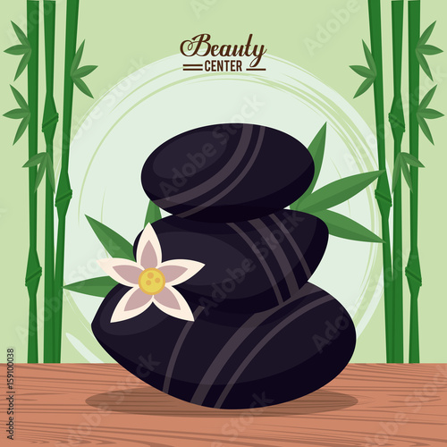 color poster of beauty center with bamboo plant background and set of volcanic stones vector illustration