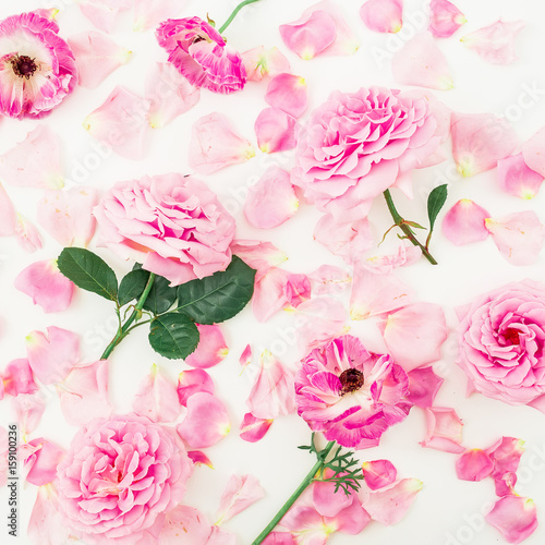 Beautiful pink flowers  rose and petals on white background. Flat lay  top view