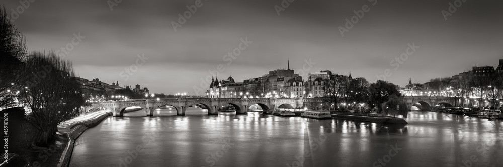 Black & White panoramic of Ile de la Cite, the Seine River and Pont Neuf at Dawn. Paris, 1st Arrondissement, France