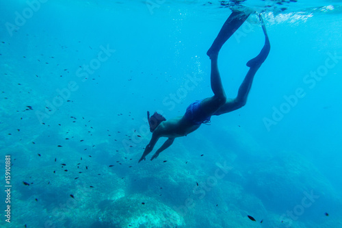 Fototapeta Naklejka Na Ścianę i Meble -  man swim underwater in snorkel
