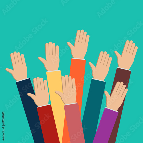 People vote hands. Raised hands volunteering concept. Flat design modern illustration. Election voting vector background.