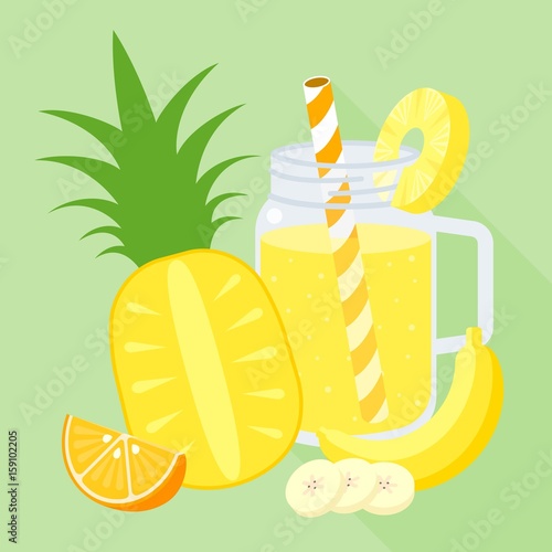 smoothie mixed fruit blend in mason jar, orange, banana, pineapple, flat design vector