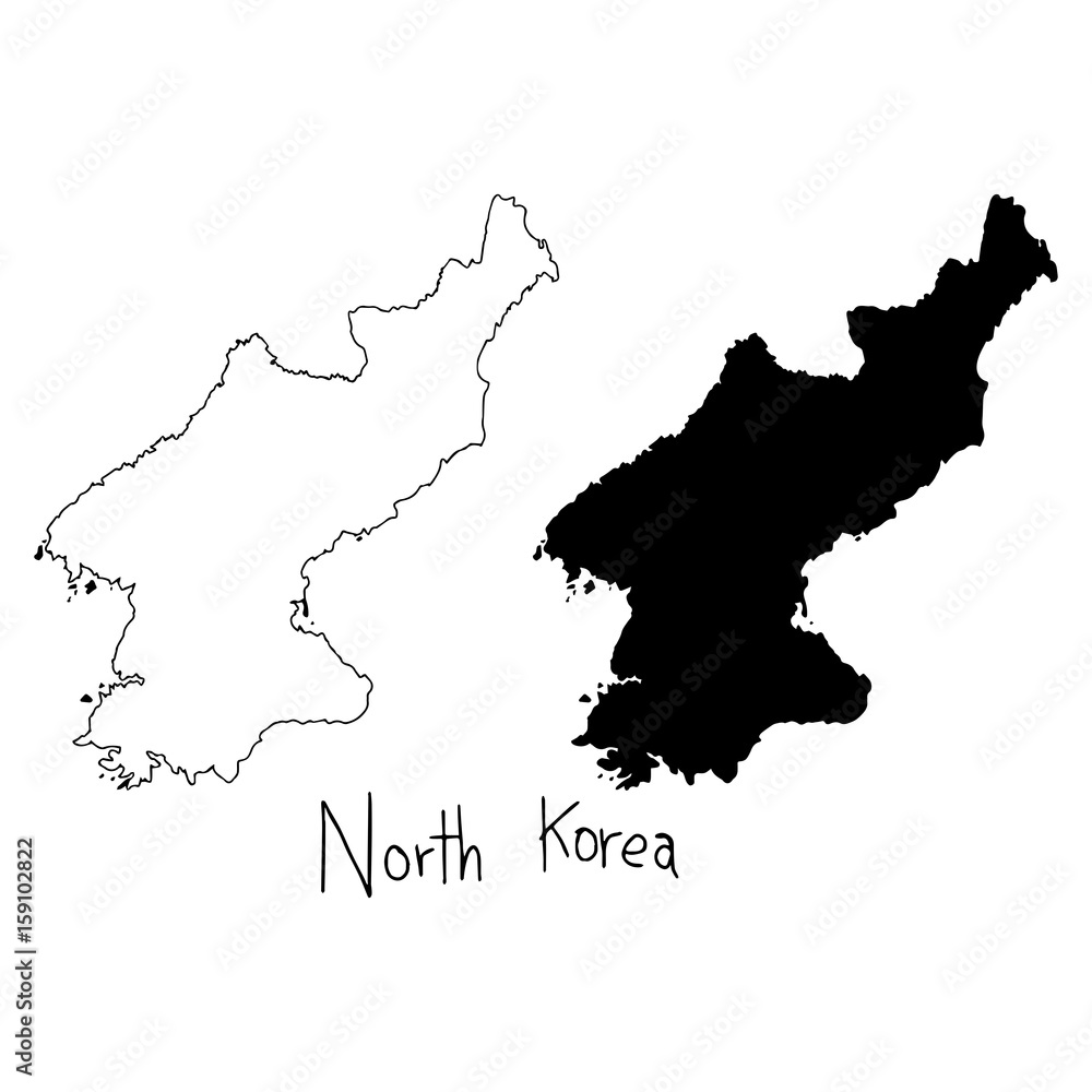 outline and silhouette map of North Korea - vector illustration hand drawn with black lines, isolated on white background