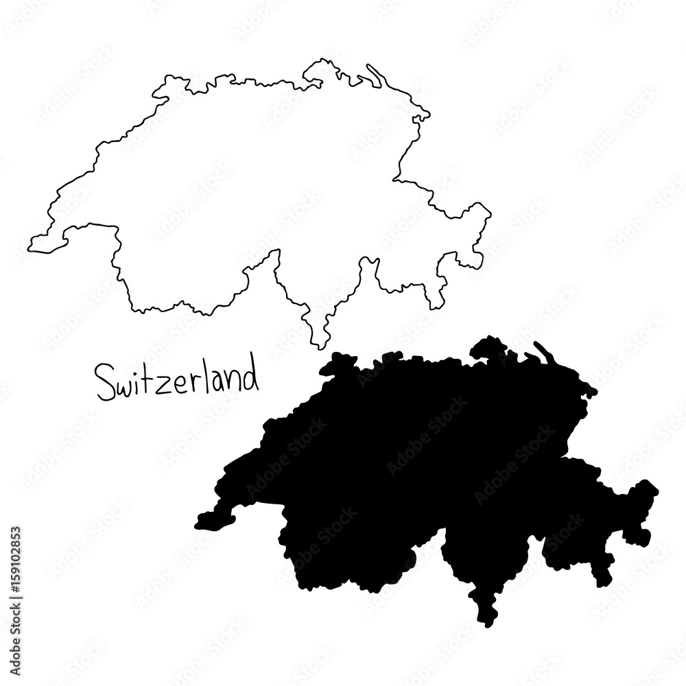 Obraz premium outline and silhouette map of Switzerland - vector illustration hand drawn with black lines, isolated on white background