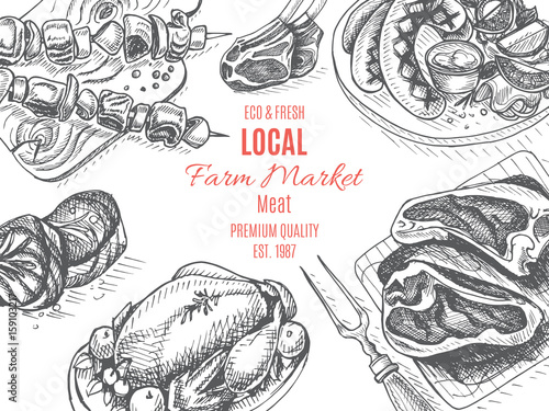 Vector illustration sketch - farm market. Card local meat shop.