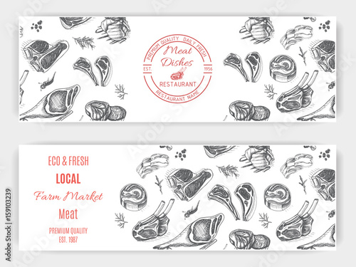 Vector illustration sketch - farm market. Card local meat shop.