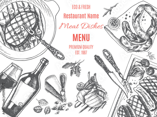 Vector illustration sketch - farm market. Card local meat shop.
