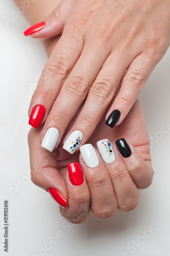 Bright manicure red. black and white on square long nails with crystals  
