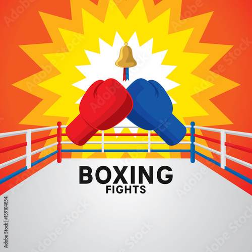 Boxing fights badge design with gloves and boxing ring.