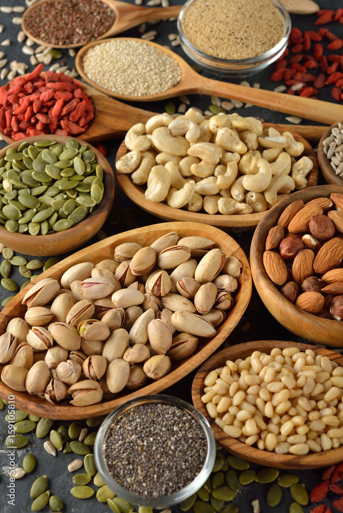 Different superfoods on a gray background Different superfoods on a gray background