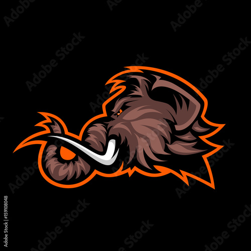 Furious woolly mammoth head sport vector logo concept isolated on black background. Modern professional mascot team badge design.
Premium quality wild animal t-shirt tee print illustration.