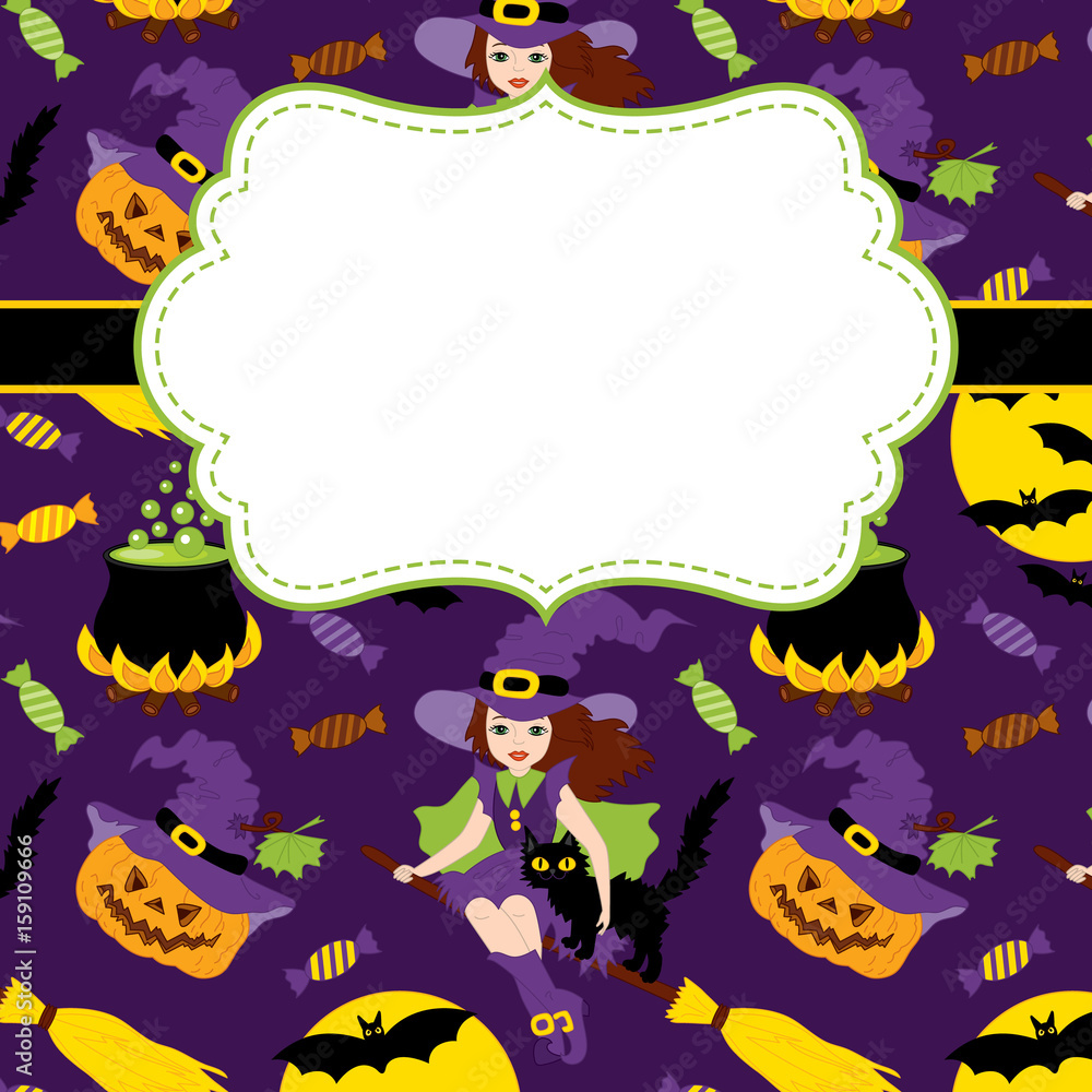 Vector Card Template with a Frame and Halloween Elements on Background. Vector Halloween. 