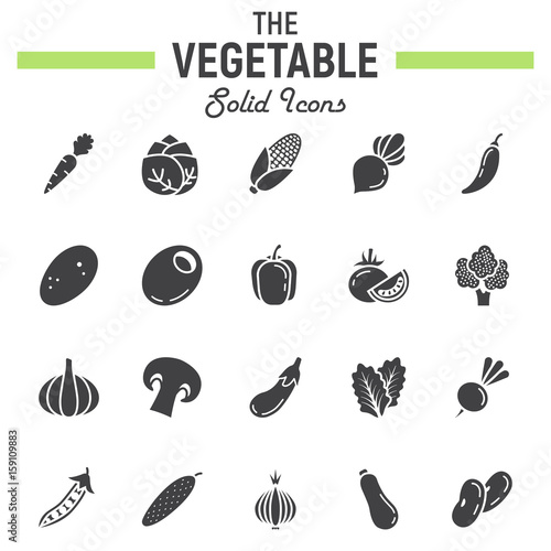 Vegetable solid icon set, food symbols collection, vegetarian vector sketches, logo illustrations, glyph pictograms package isolated on white background, eps 10.