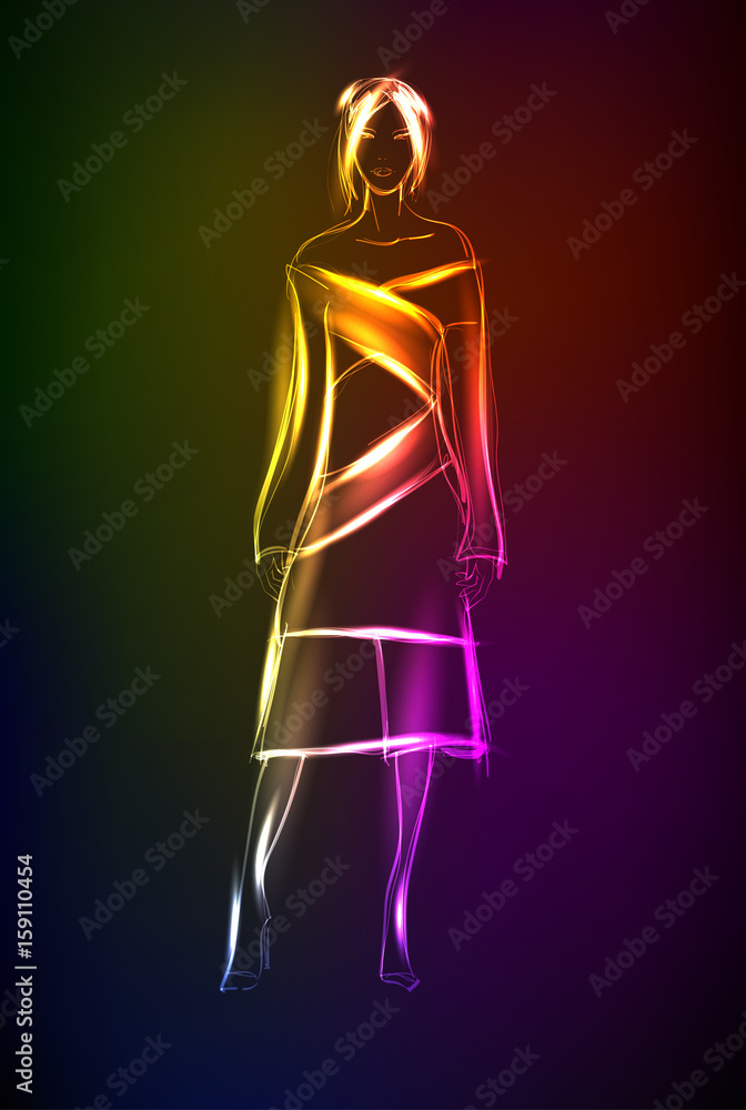 Hand-drawn fashion model from a neon. A light girl's Hand-drawn fashion model from a neon. A light girl's