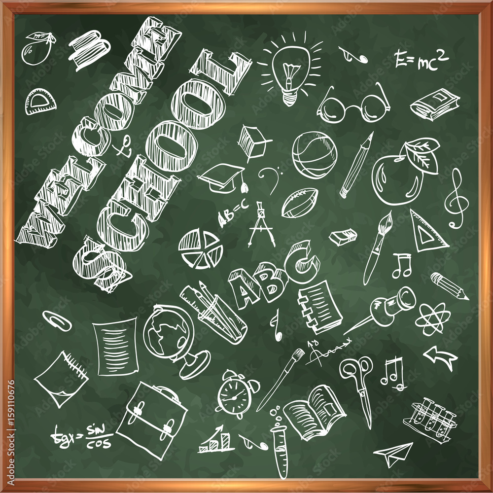 Welcome to school. A blackboard with drawings on the theme of ed Welcome to school. A blackboard with drawings on the theme of ed