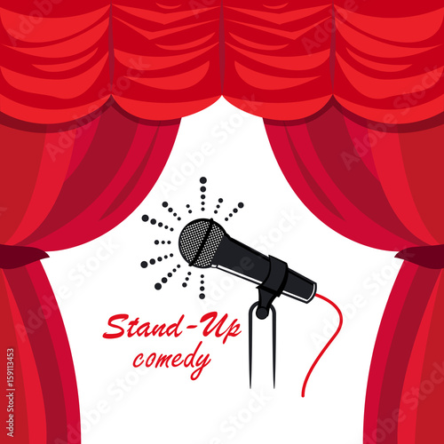 Vector illustration of stand up comedy concept. Theater stage background. Microphone with stand