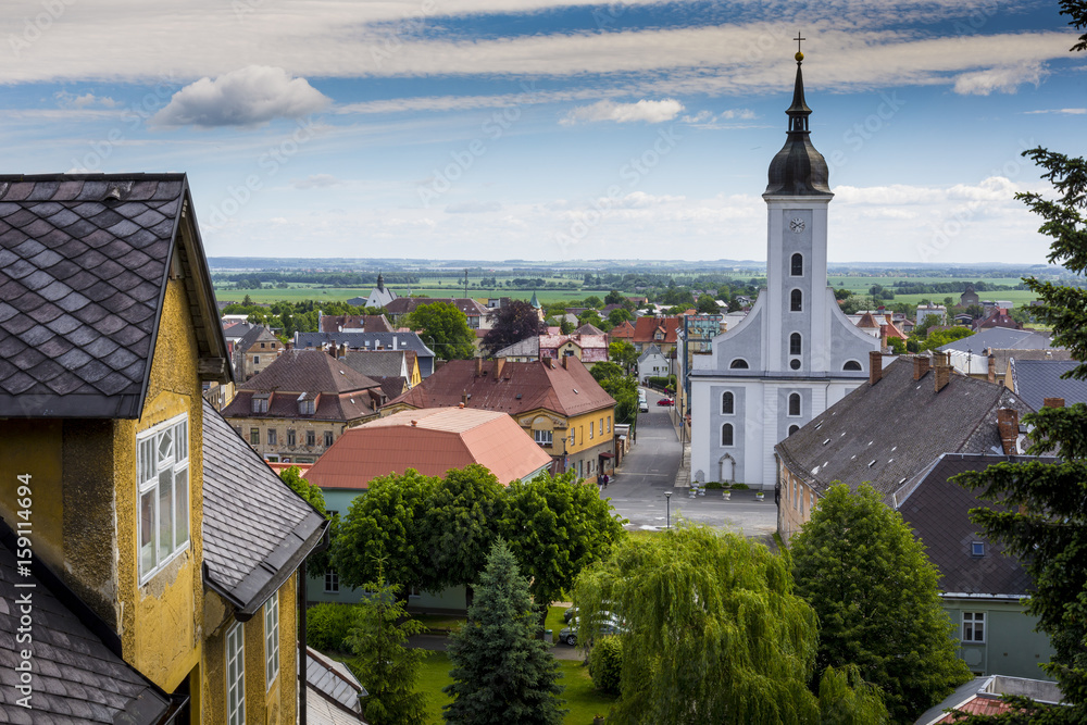 Summer View of Javornik Town from Jansky Hill (Jansky Vrch) Castle, Olomouc Region, Czech Republic.
