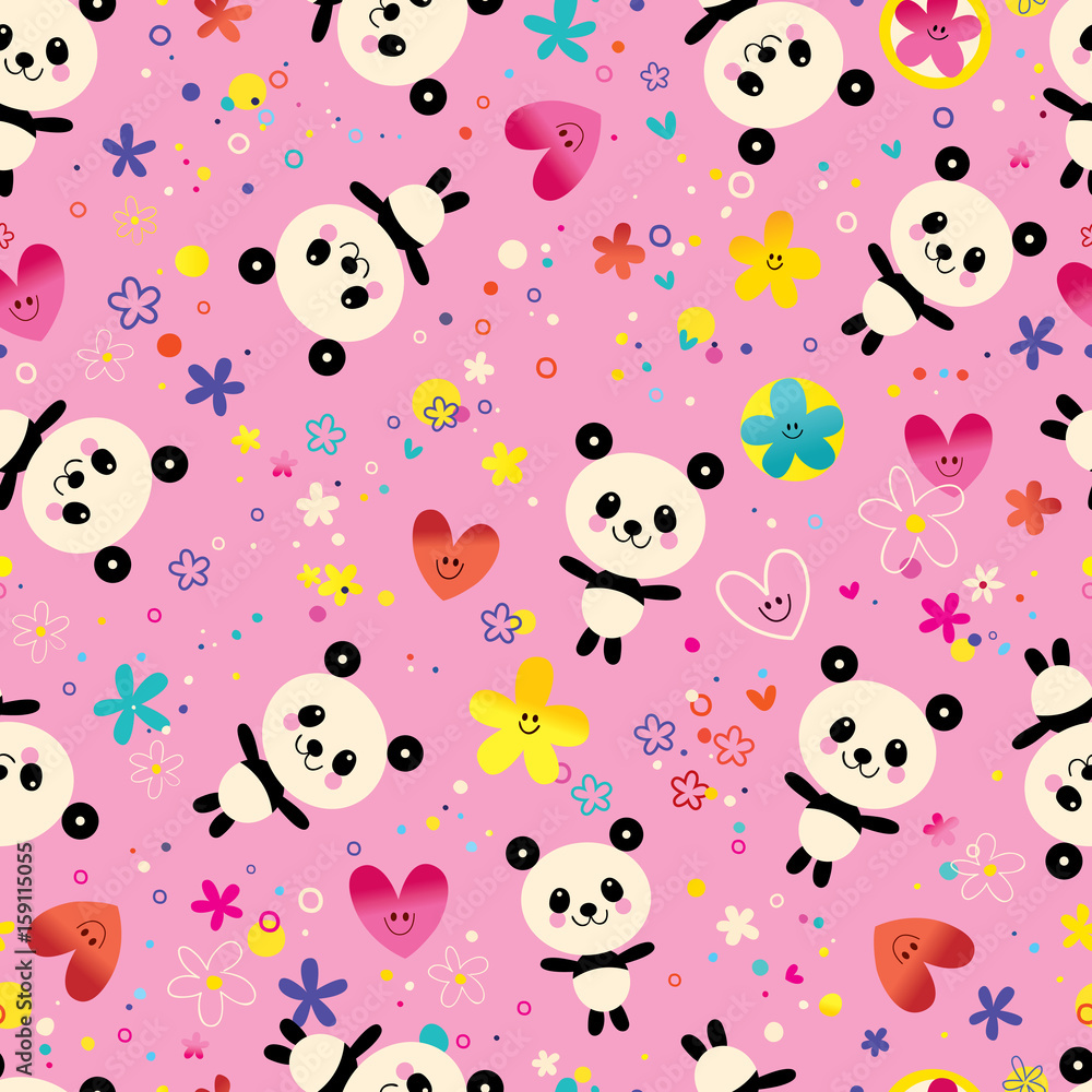 cute baby panda bears, hearts and flowers seamless pattern cute baby panda bears, hearts and flowers seamless pattern