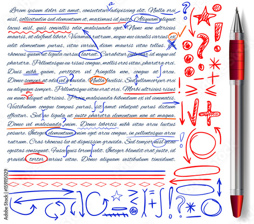 VECTOR set of hand drawn doodle icons and realistic pen. Elements set. Red, orange and blue colors