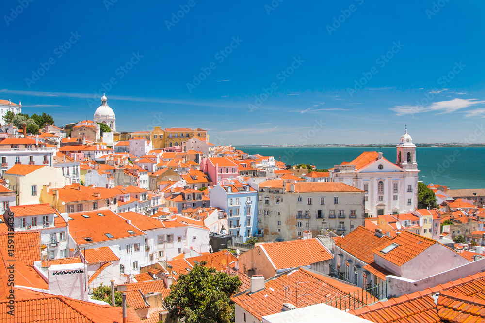      Aerial scenic view of central Lisbon Portugal with red tile roofs 