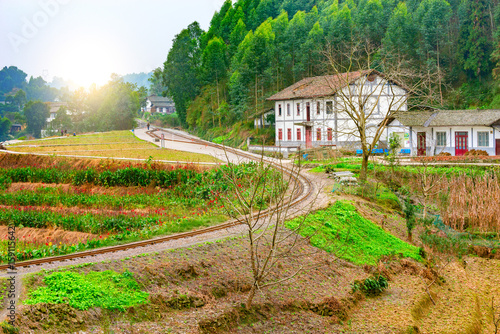 Sunset view of the narrow-gauge railway station. photo