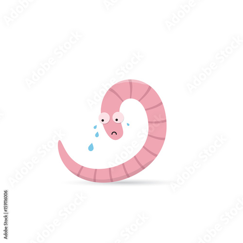 Cute funny crying worm with tears isolated on white background